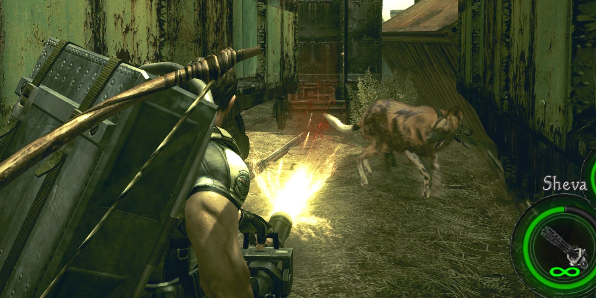 Chris shooting the Gatling Gun at some infected dogs in Resident Evil 5.