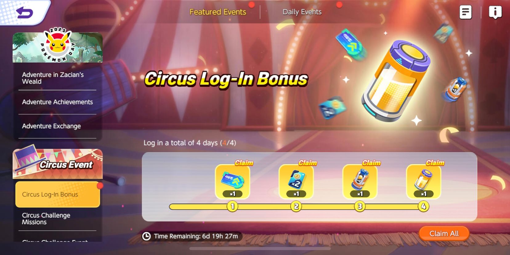 Circus Log-In Bonus screen from Pokemon Unite, showing the four different rewards