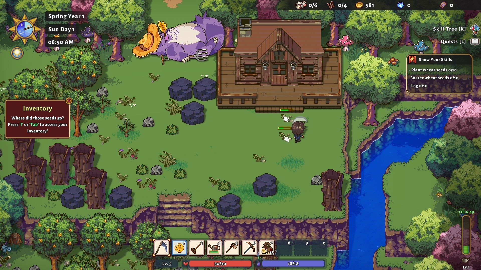 A human uses their scythe to get ri of grass and weeds around their house in Sun Haven.