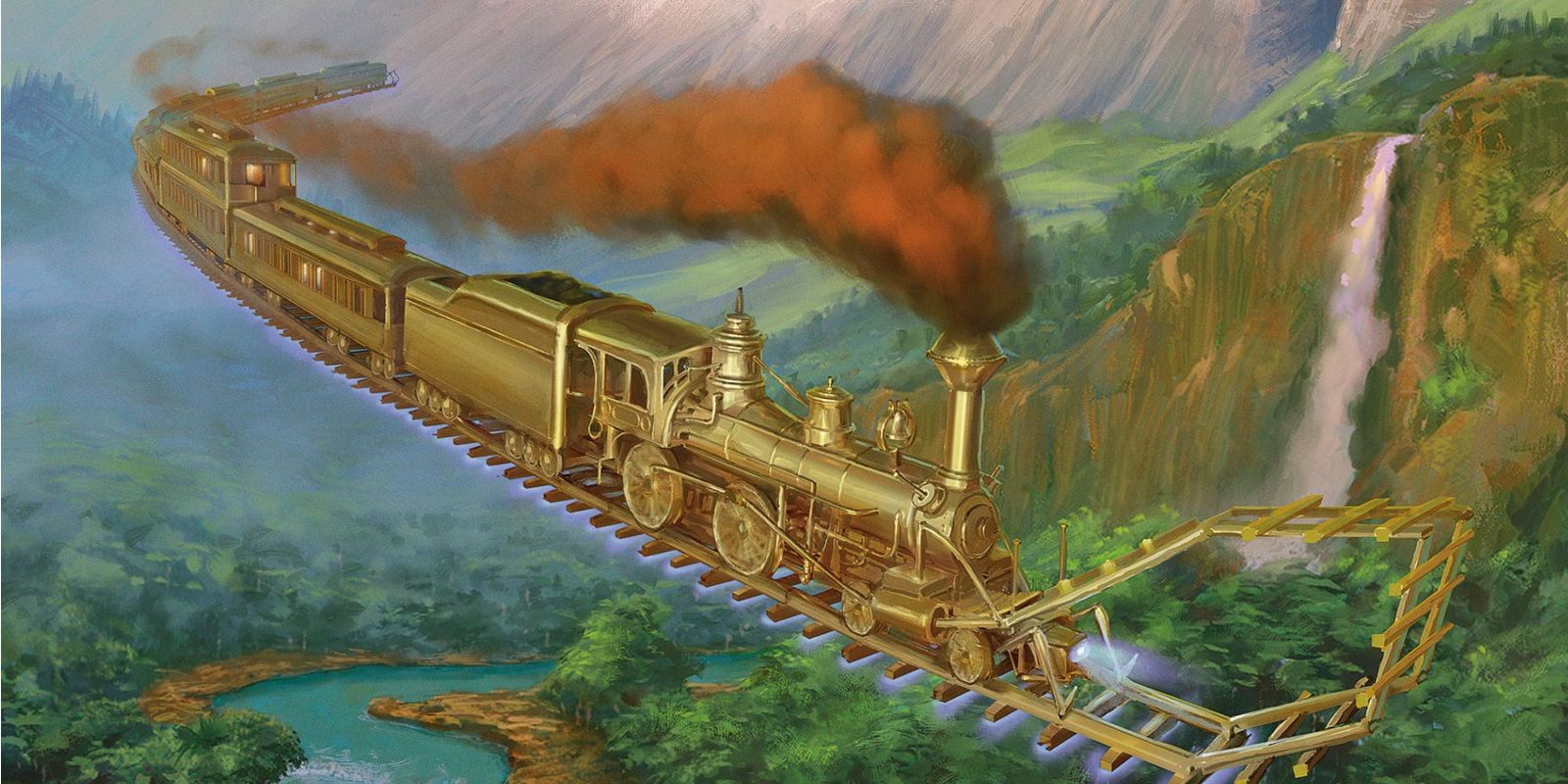 A magical train flies through the sky