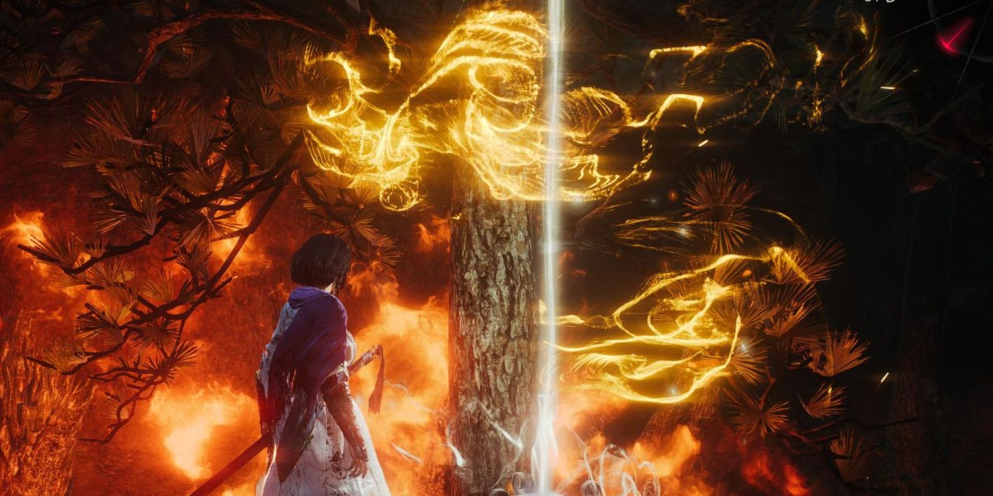 Wo Long Fallen Dynasty - your character stands in front of a marker flag while the area around them is on fire