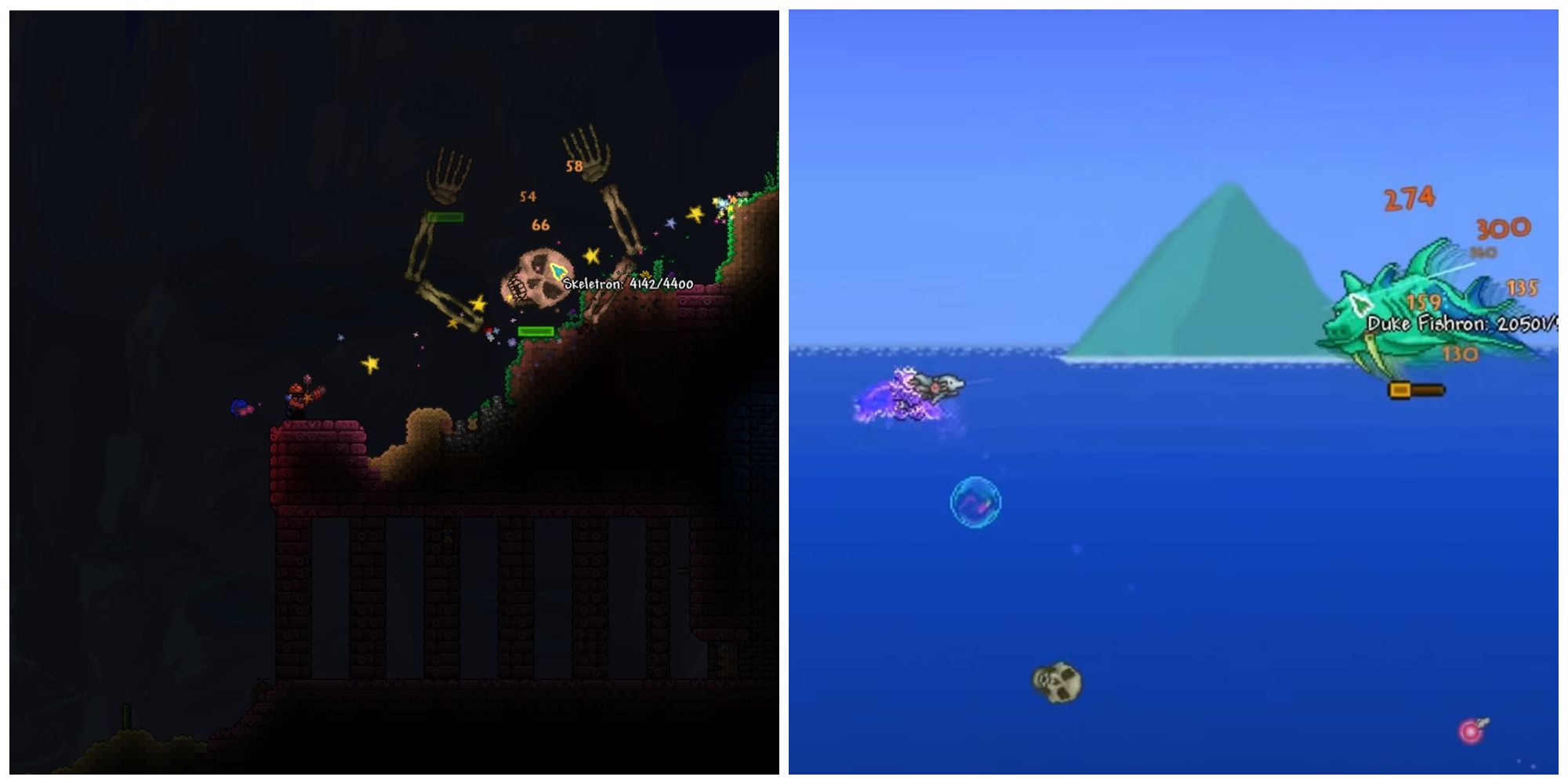 Using the Star Cannon on Skeletron and the S.D.M.G on Duke Fishron