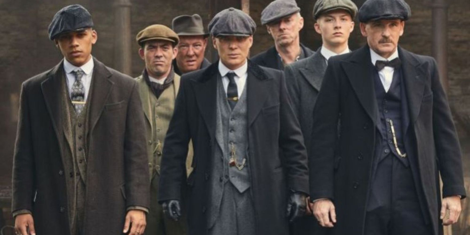 Tommy Shelby joined by brothers John and Arthur Shelby, along with other various members of the Peaky Blinders crew.