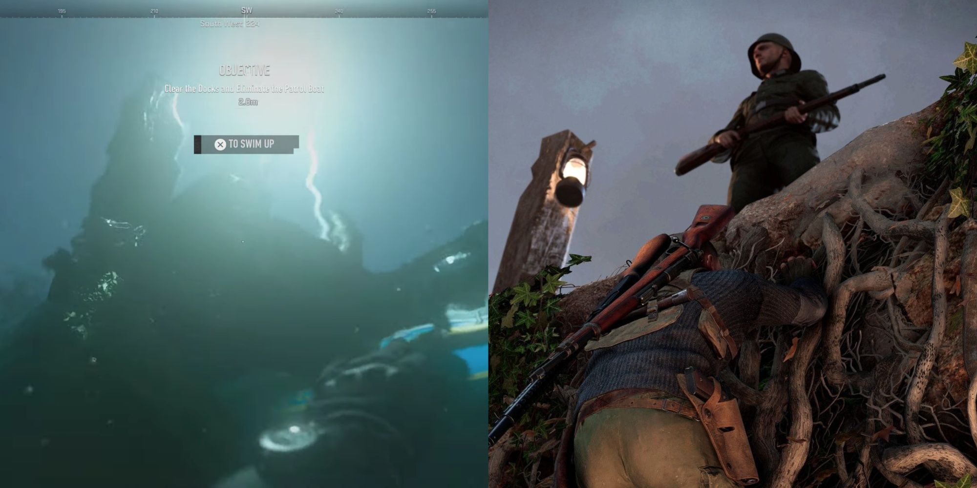 A split image of your character underwater swimming up to an enemy in COD Modern Warfare 2, and the main character in Sniper Elite climbing up vines to a soldier by a ledge.