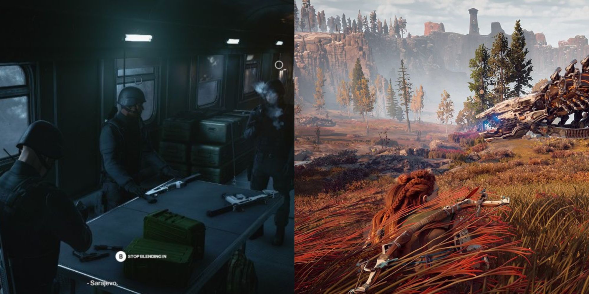 A split image of Agent 47 dressed in a SWAT gear disguise as he inspects a rifle in front of enemies, and Aloy crouched in a bed of red foliage with a machine near.