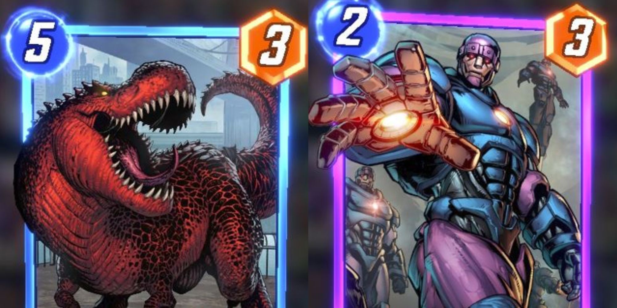 A collage of the Devil Dinosaur and Sentinel cards from Marvel Snap.