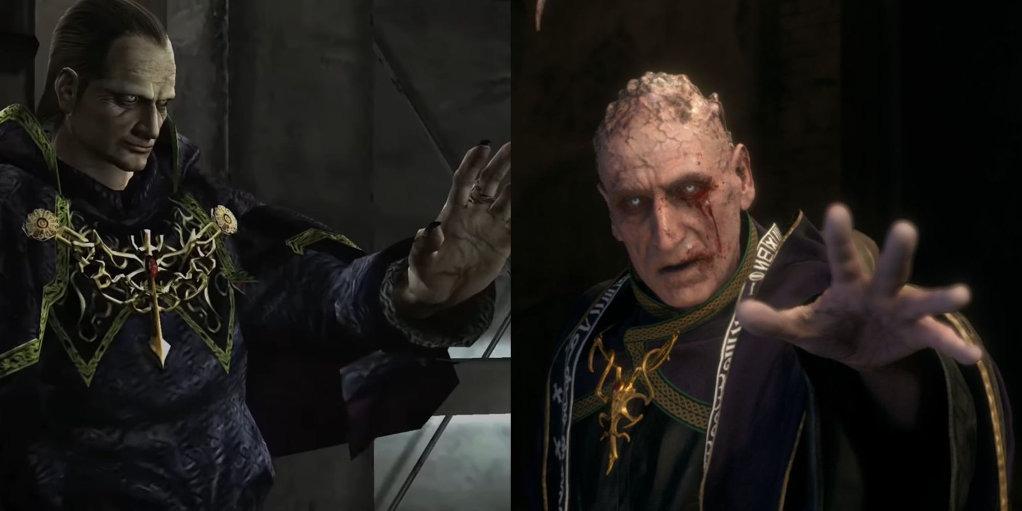 A split-image of Osmund's character holding out his hand to Leon and Ashley in Resident Evil 4, contrasted with the same scene in the RE4 Remake.