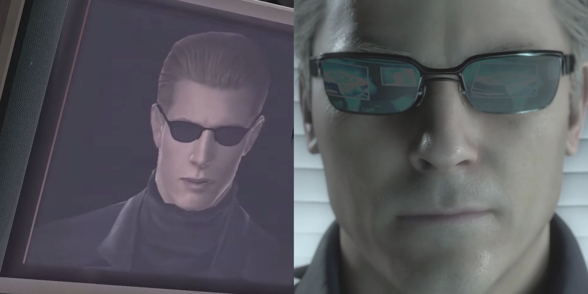 A split-image of Albert Wesker's original design in the computer screen talking to Ada versus the new redesign in the remake.