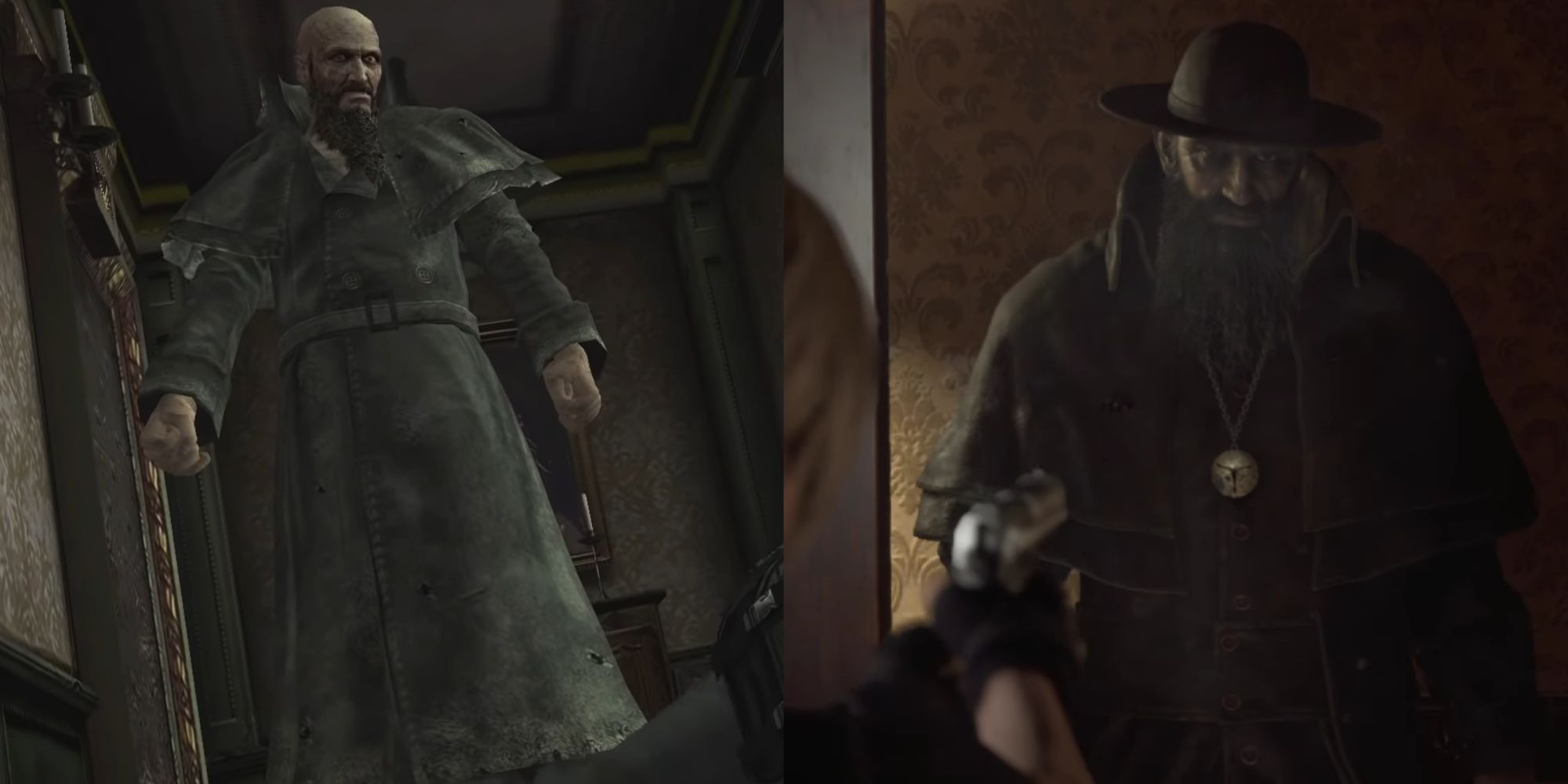 A collage of Bitores standing over Leon in a hallway in the 2005 game, and Leon aiming at Bitores in his bedroom in Resident Evil 4 Remake.