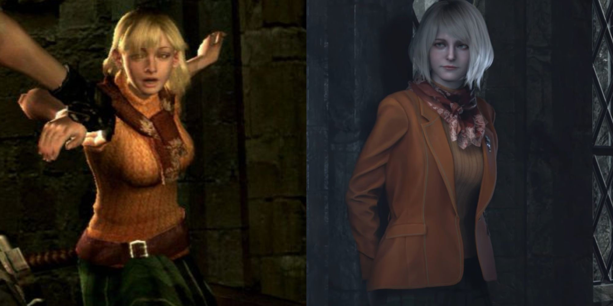 A split image of the old Ashley design from 2005 getting dragged away by Leon, and the new more well-dressed Ashley design from the remake.