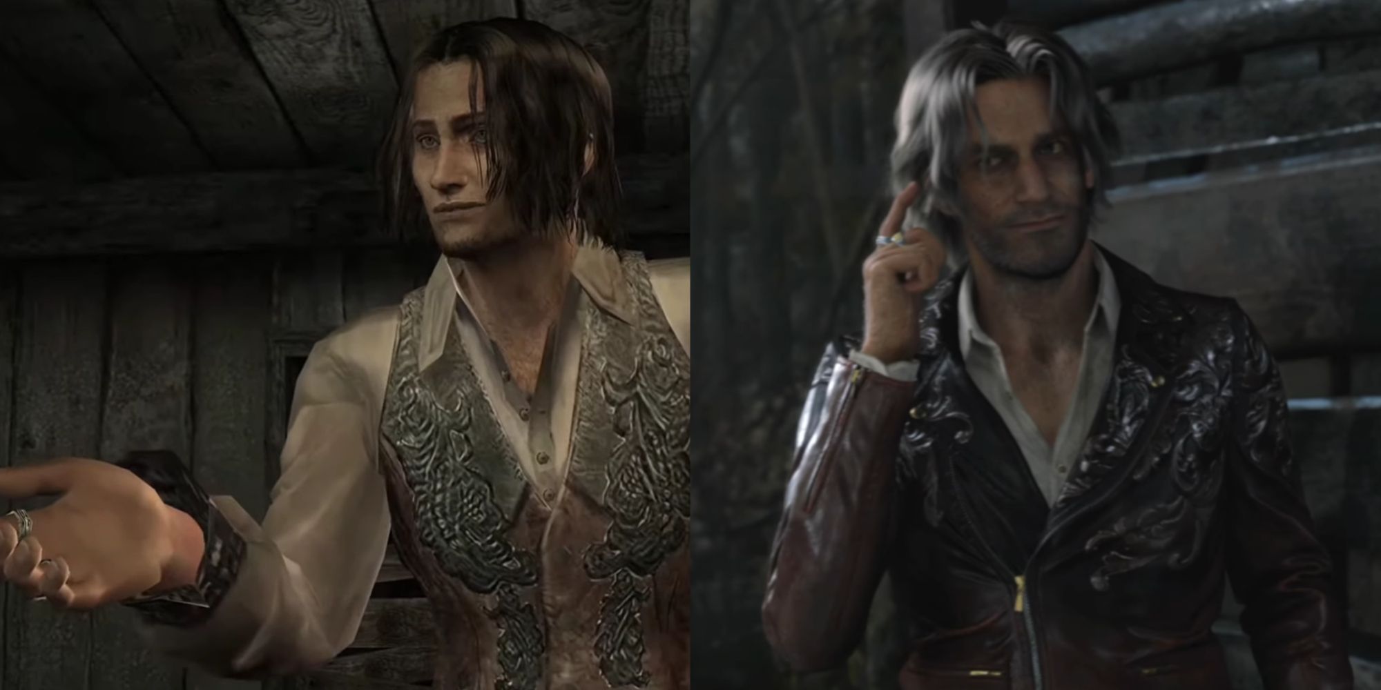 An image of Luis Sera holding out his hand in Resident Evil 4, contrasted with the new design of Luis pointing his finger to his head in the remake. 