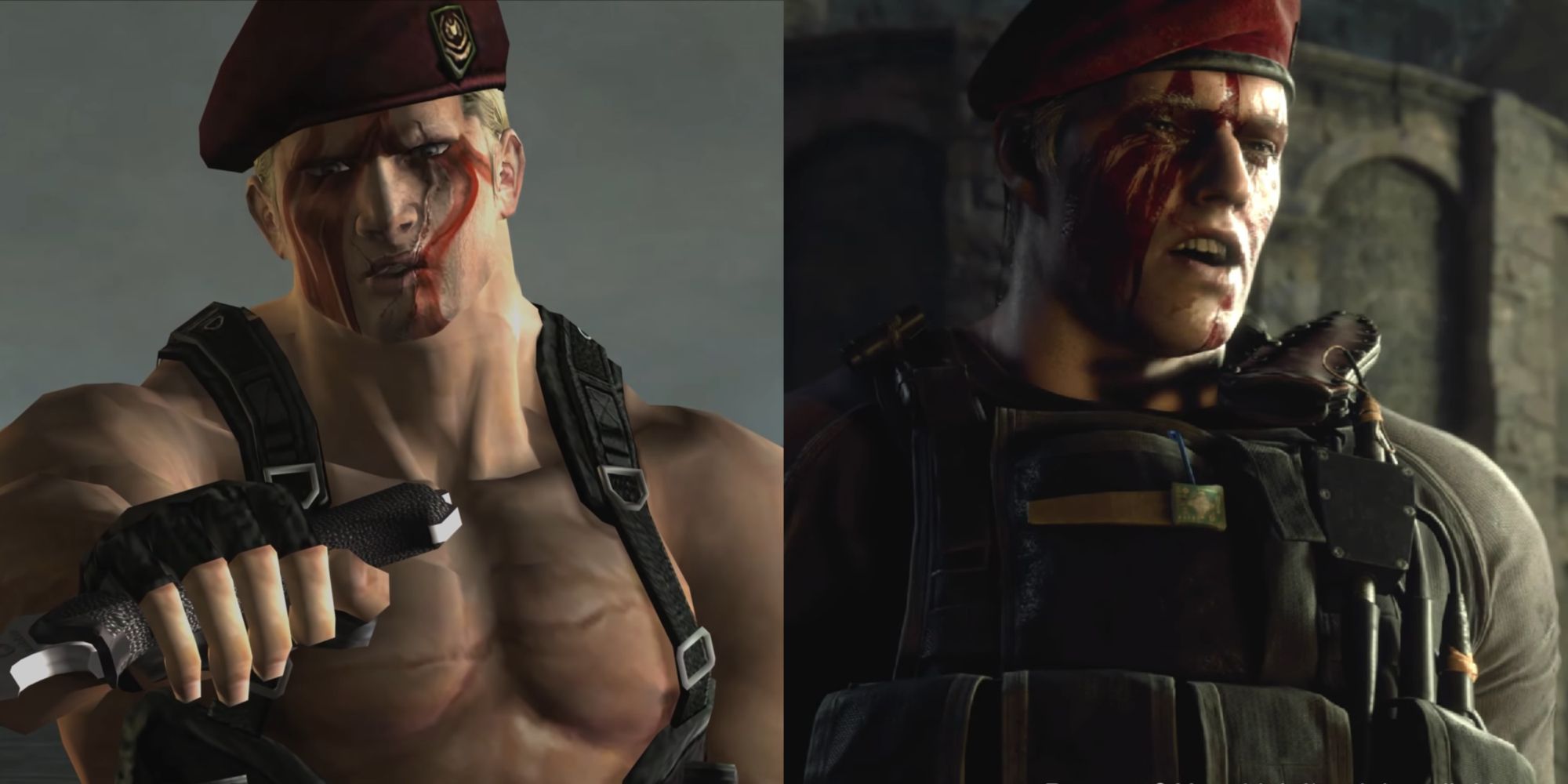 A split image of a shirtless Jack Krauser in Resident Evil 4 with a painted face and knife, and the Resident Evil 4 Remake Krauser with tactical vest and painted face from the same section.