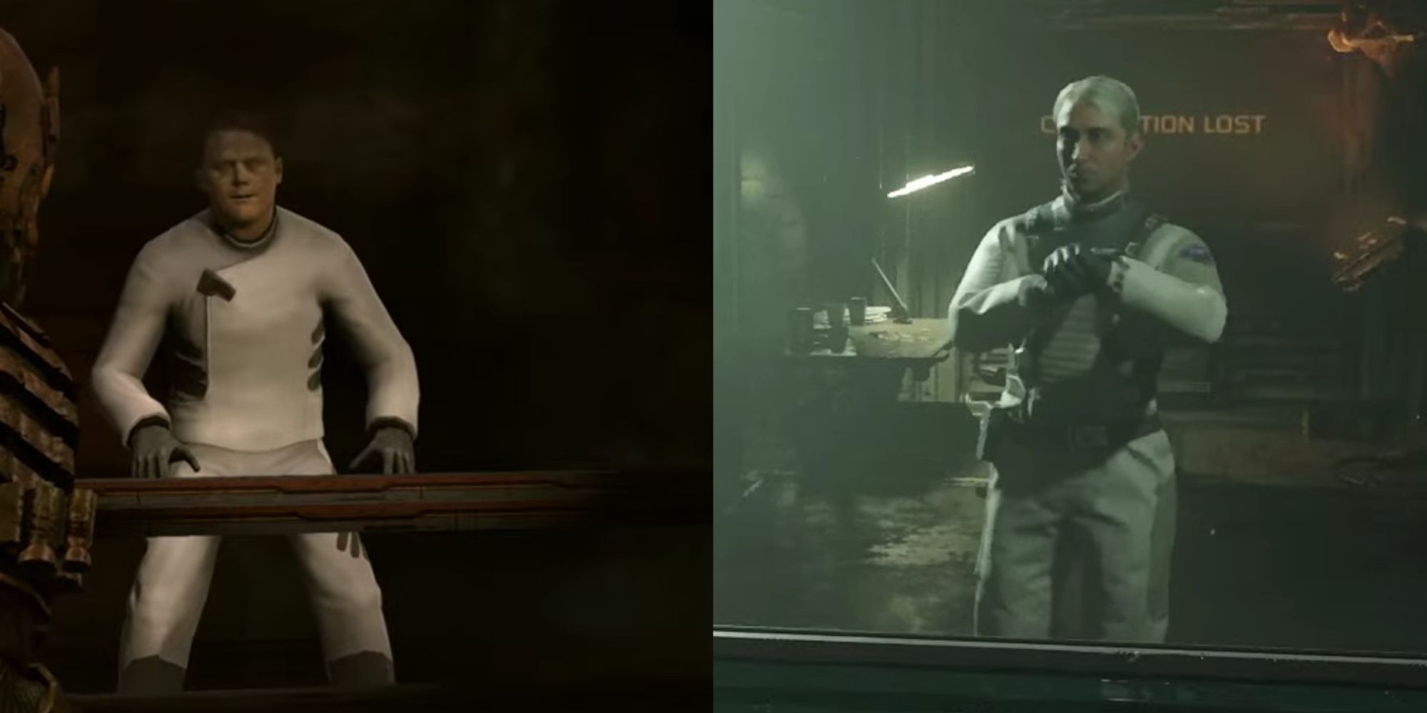 A split image of Dr. Terrence Kyne explaining the marker to Isaac from both the 2008 game and the 2023 remake.