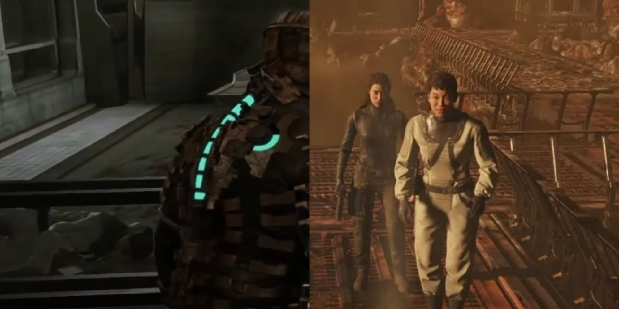 Dr. Elizabeth Cross' body on the ground in Dead Space 2008, and her character in the 2023 remake standing beside Daniels.