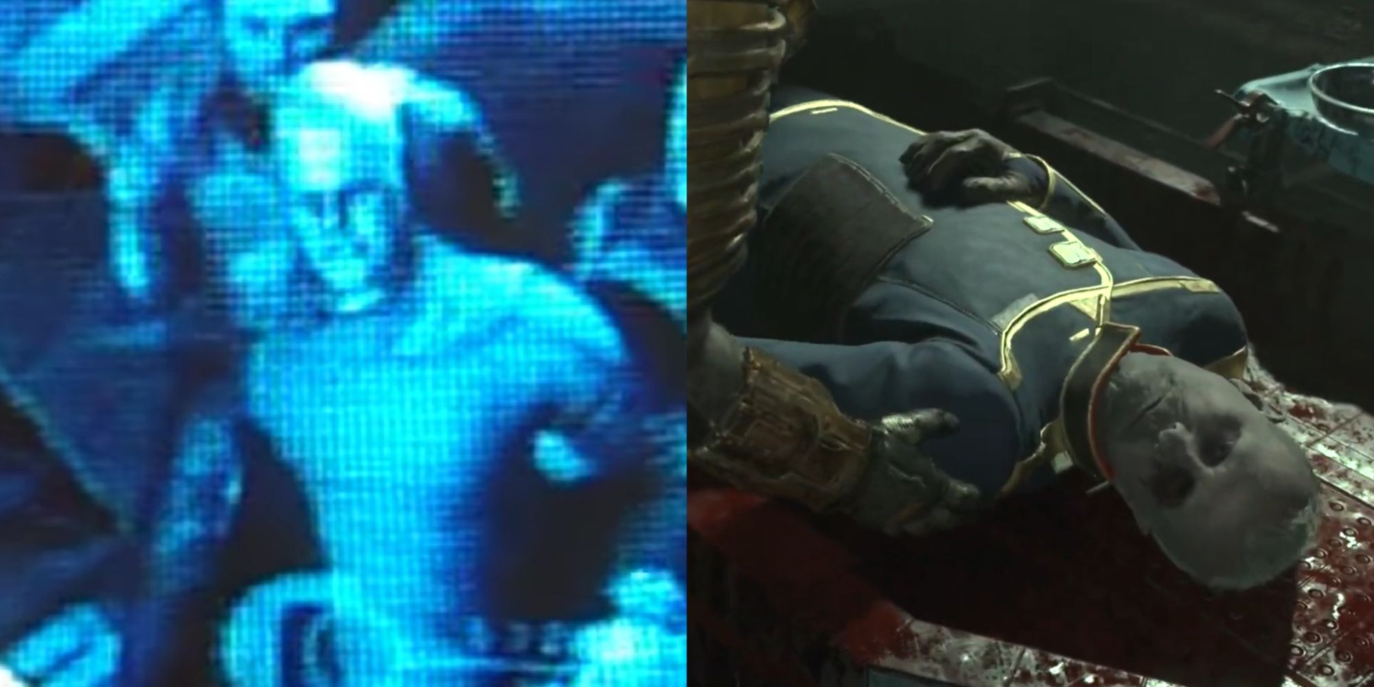 A split image of Captain Mathius being restrained by his men in a digital file in the 2008 game, and a deceased body of the remake version of Captain Mathius.