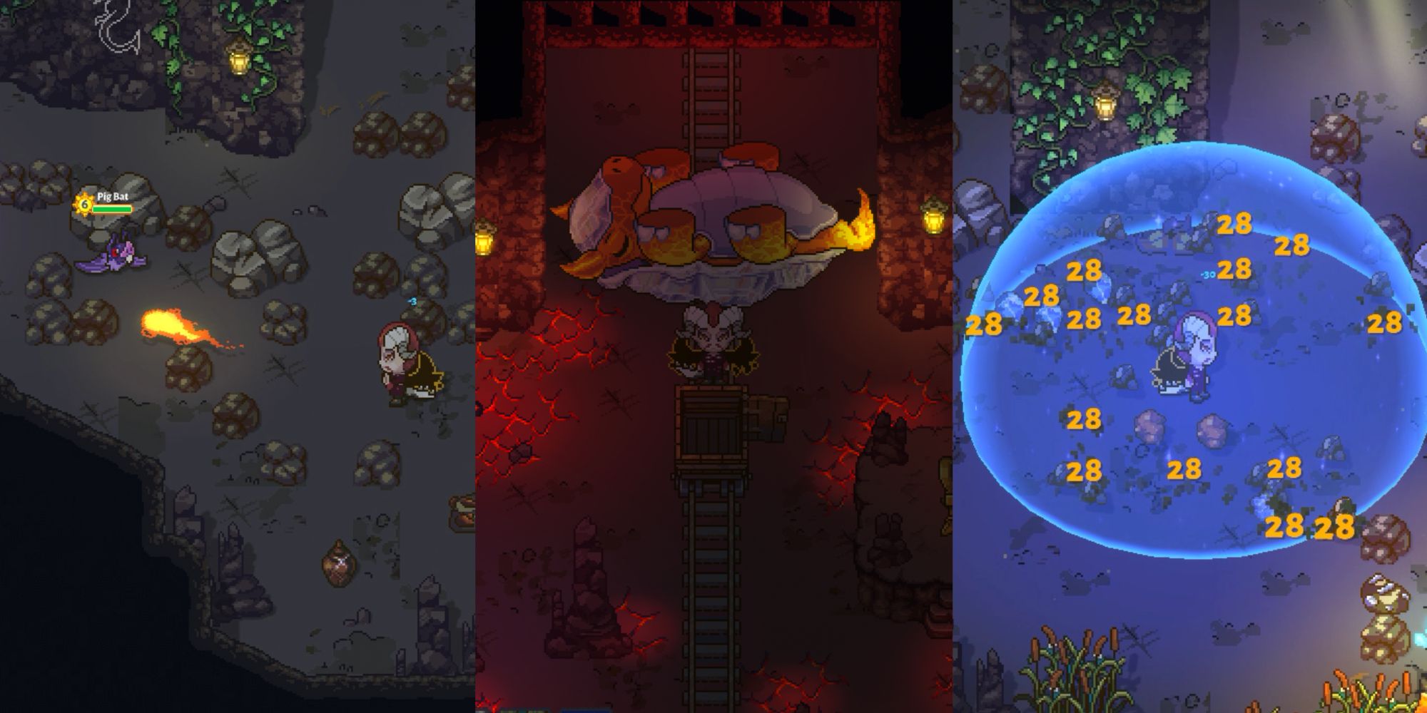 Sun Haven: the farmer fighting and casting spells in the mines
