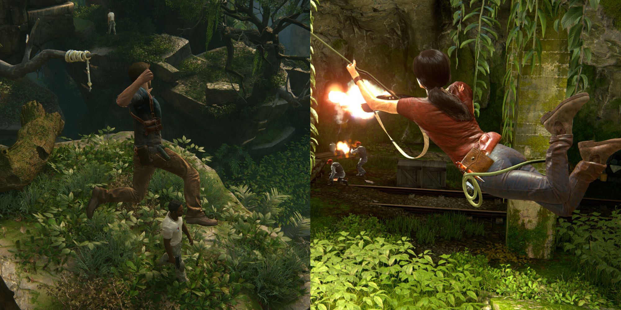 Collage of Nathan Drake performing a jump attack and Chloe Frazer firing a gun while rope swinging in Uncharted: Legacy of Thieves Collection
