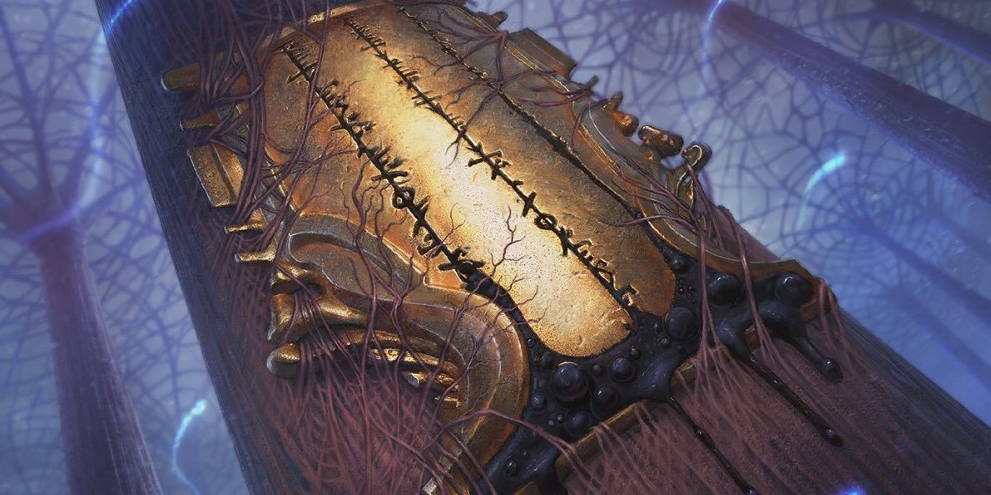 MTG A golden tablet etched with Phyrexian writing