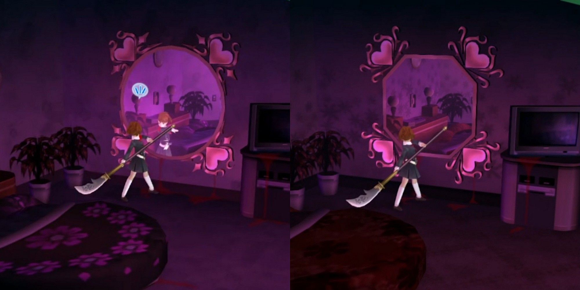 composite image showing the difference between mirrors with and without reflections in persona 3 portable