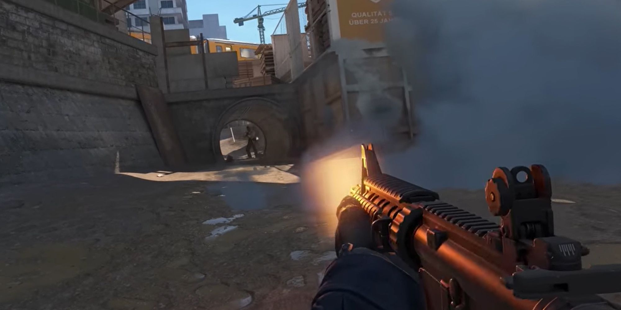 Counter-Strike 2 shooting at a terrorist in a tunnel on Overpass