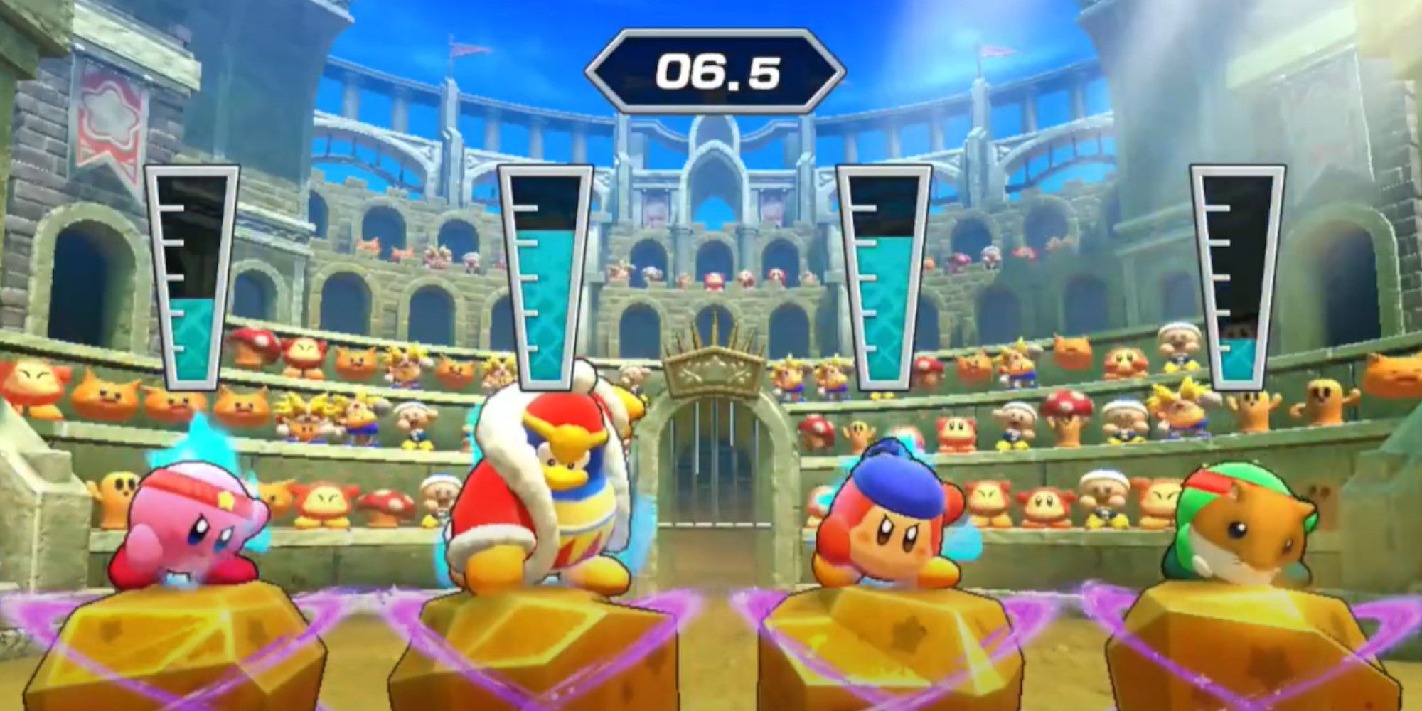 Kirby, King Dedede, Waddle Dee, and Green Kirby preparing to smash the rock in Crackity Hack