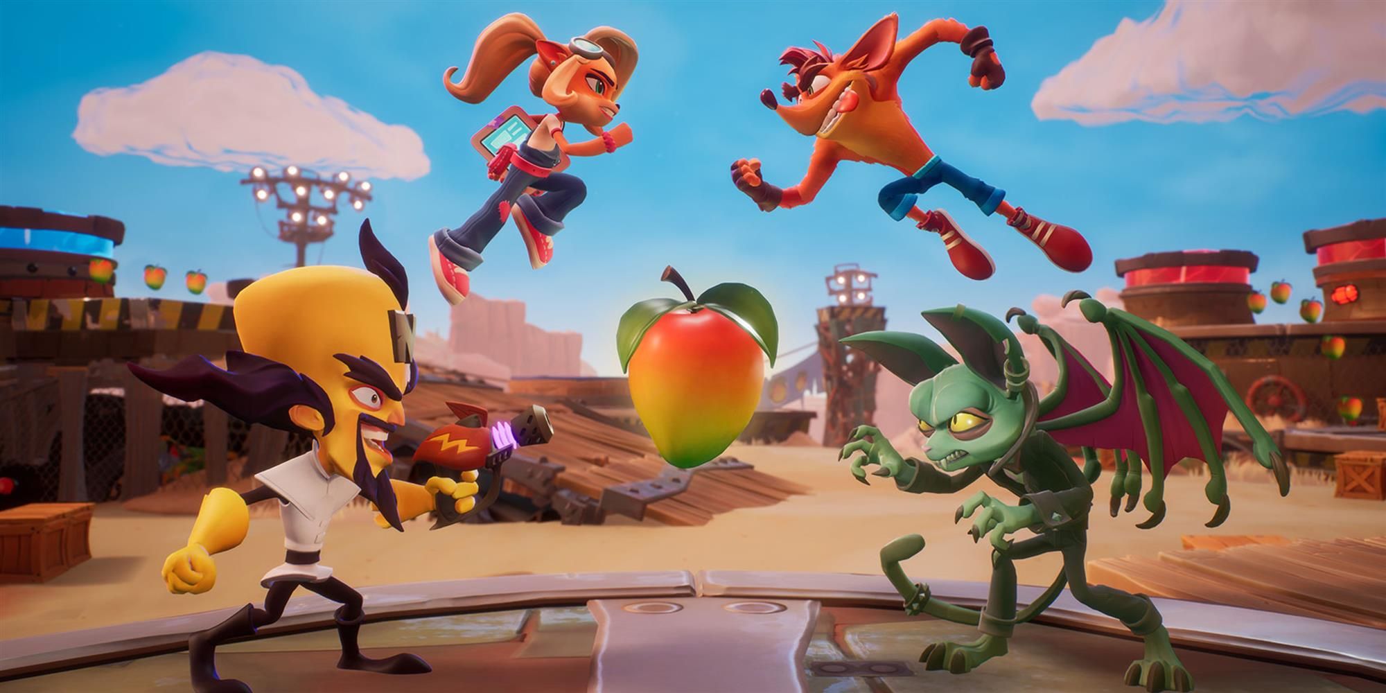 Cortex fighting Catbat while Crash fights Coco, in Crash Team Rumble