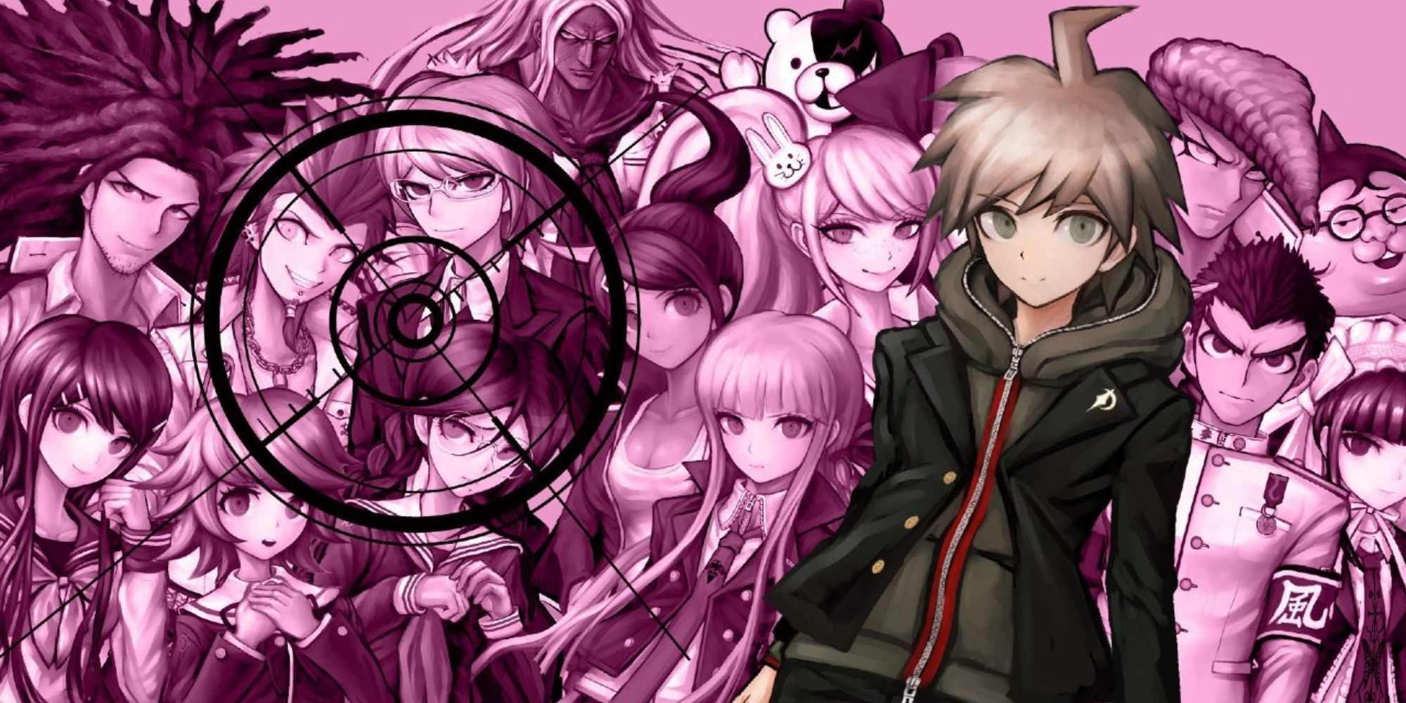 The cast of Danganronpa stand behind Makoto