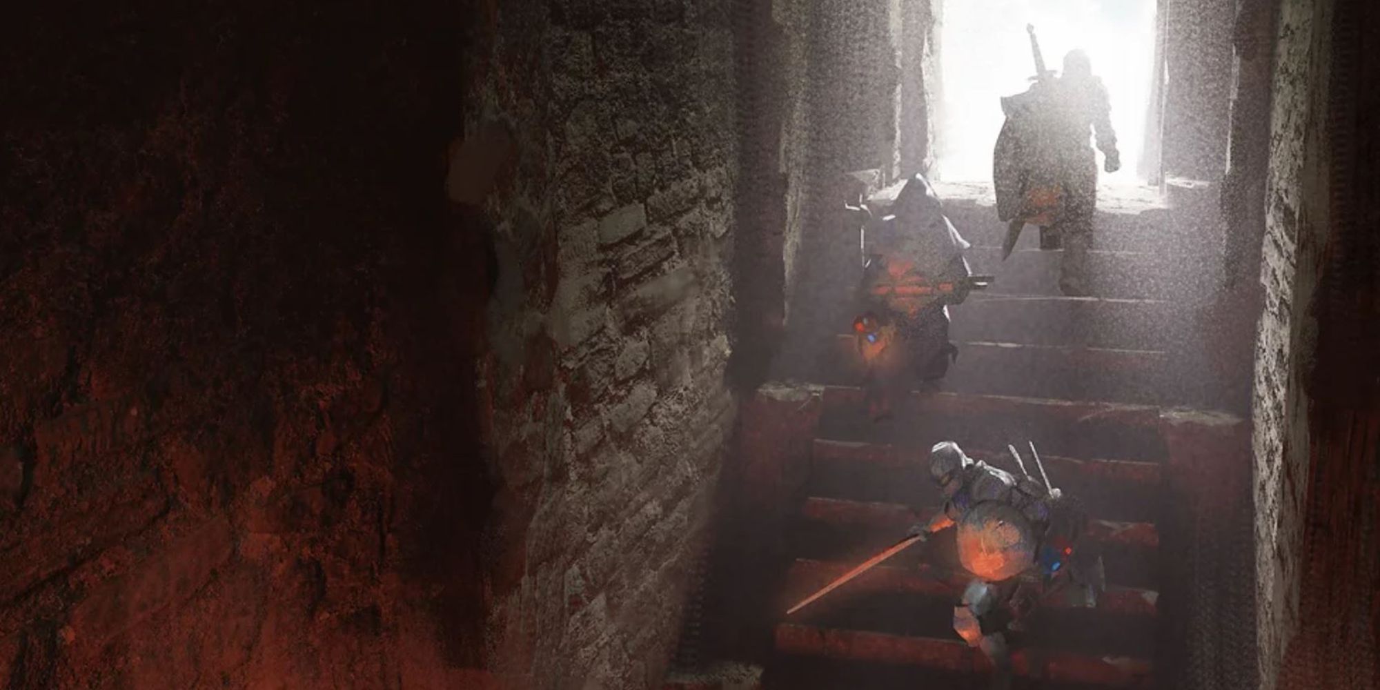 dark and darker party going up staircase