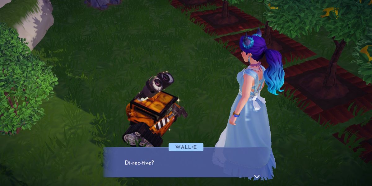 Main character having a conversation with Wall-e in Disney Dreamlight Valley.