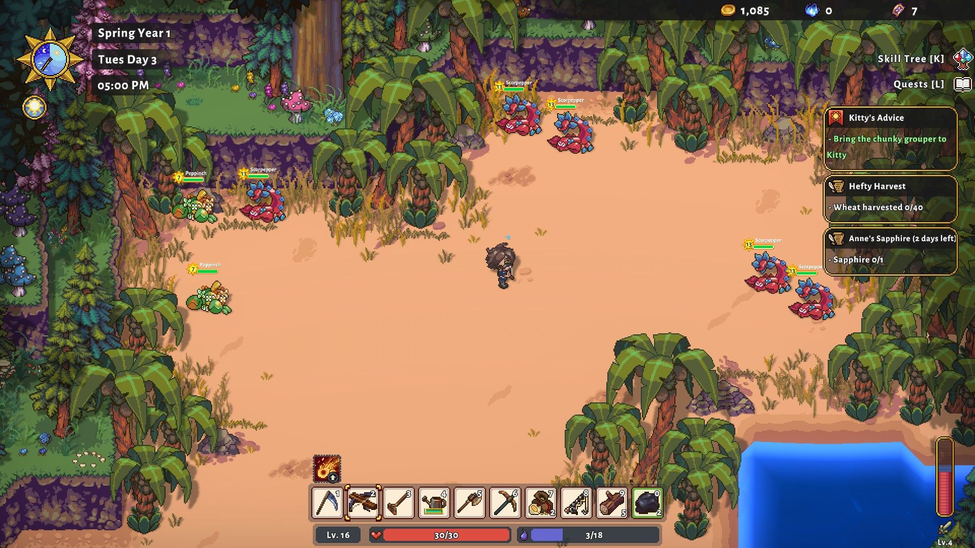 A human explores a beach and comes across scorpions in Sun Haven.