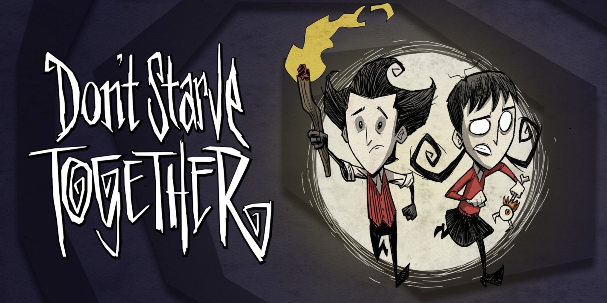 Don't Starve Together characters holding a flaming torch and a bone