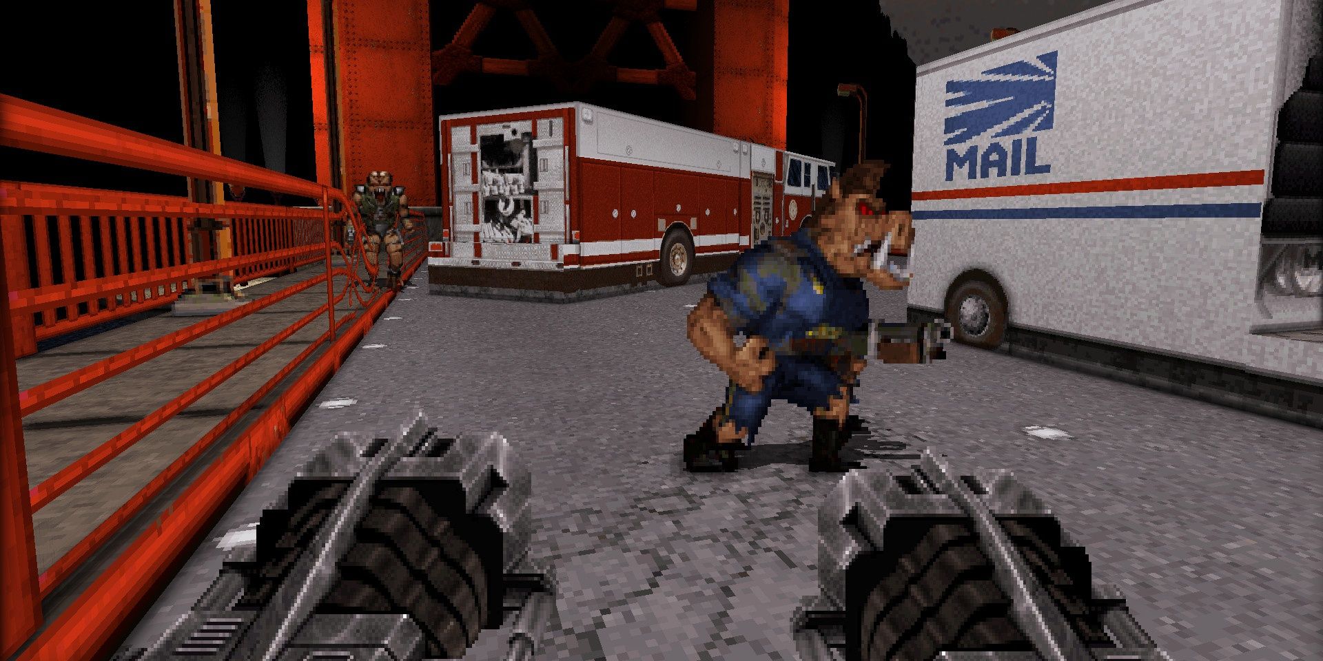 Duke Nukem shooting alien on city streets