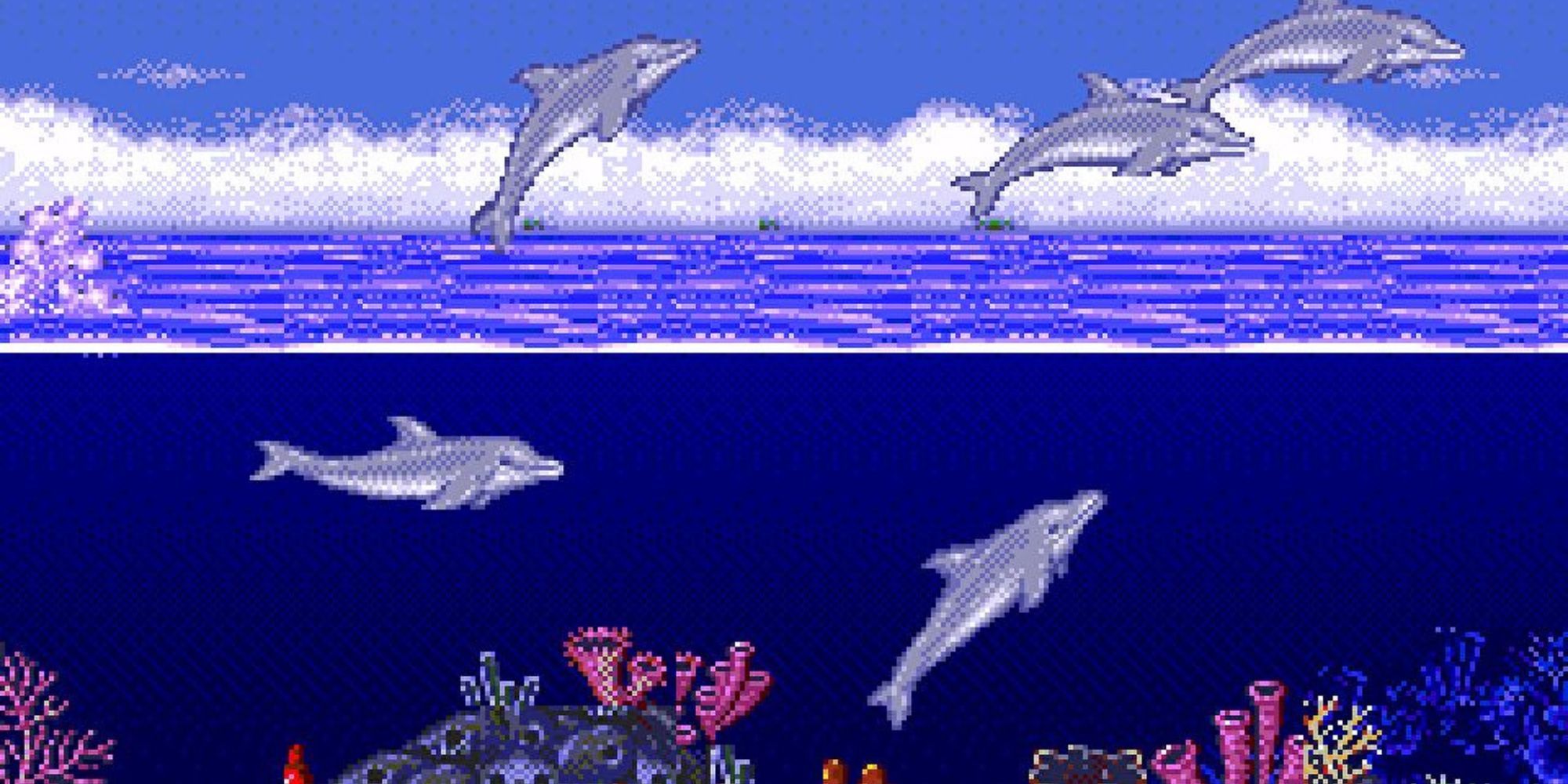 Five dolphins swim and jump through the water on a sunny day