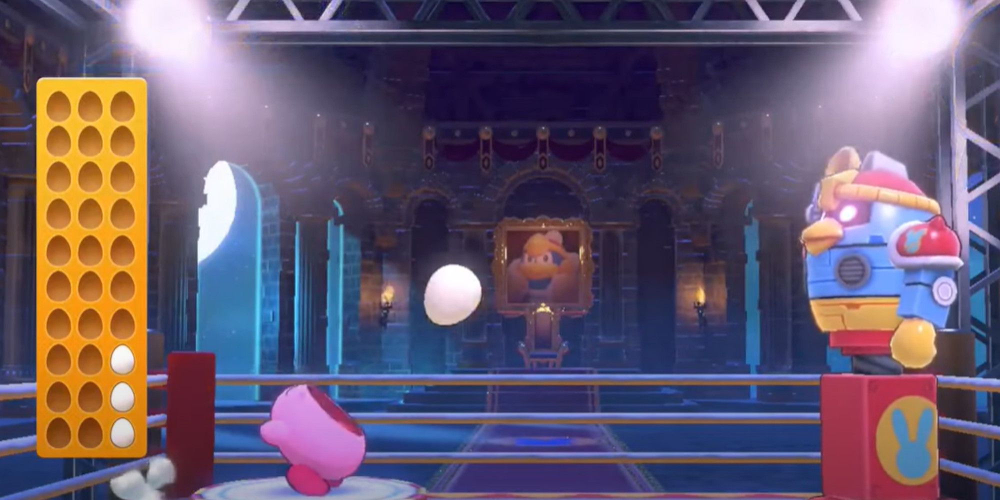 Kirby catching eggs thrown by a robotic King Dedede