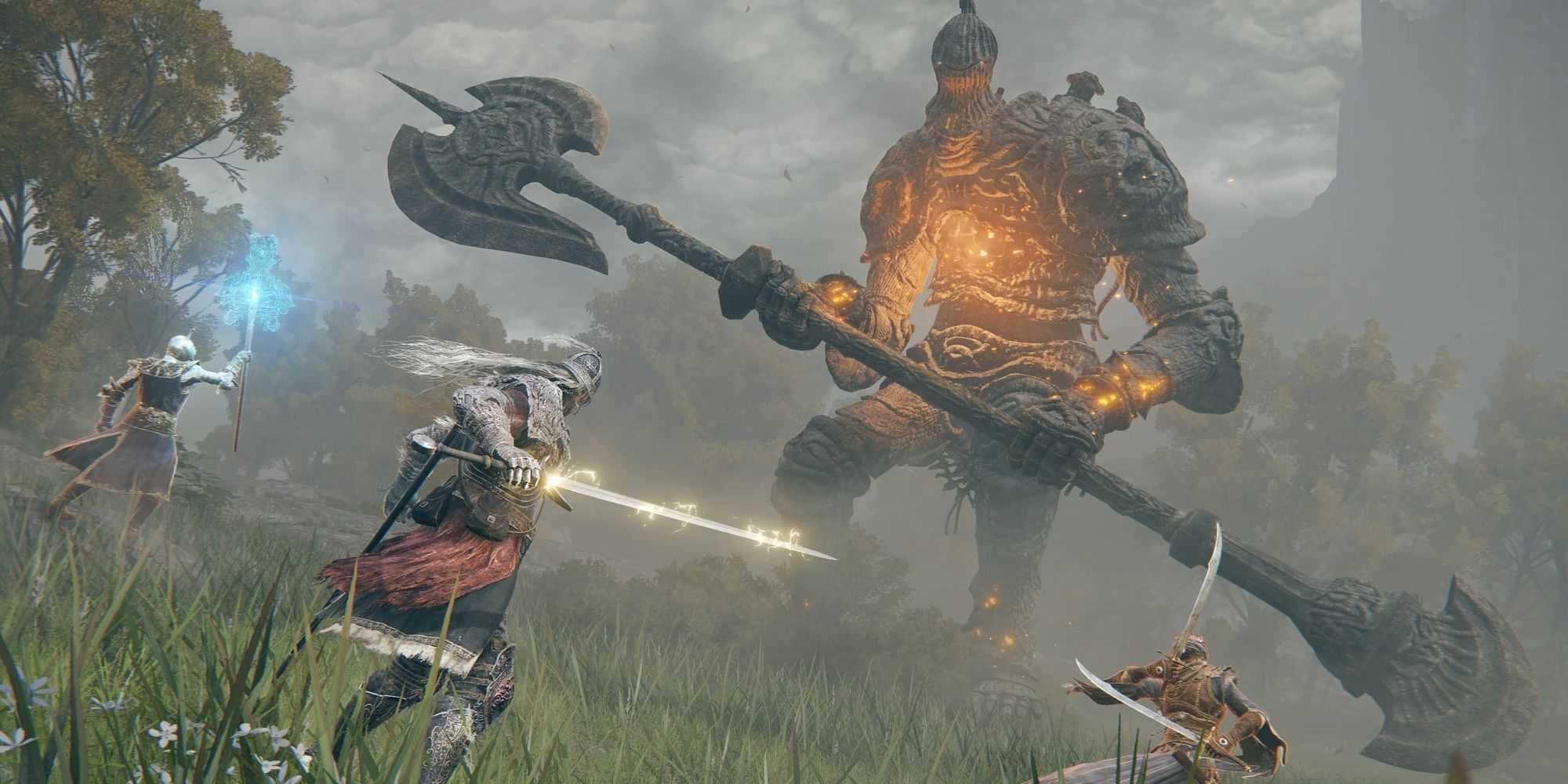 tarnished battling against giant enemy elden ring