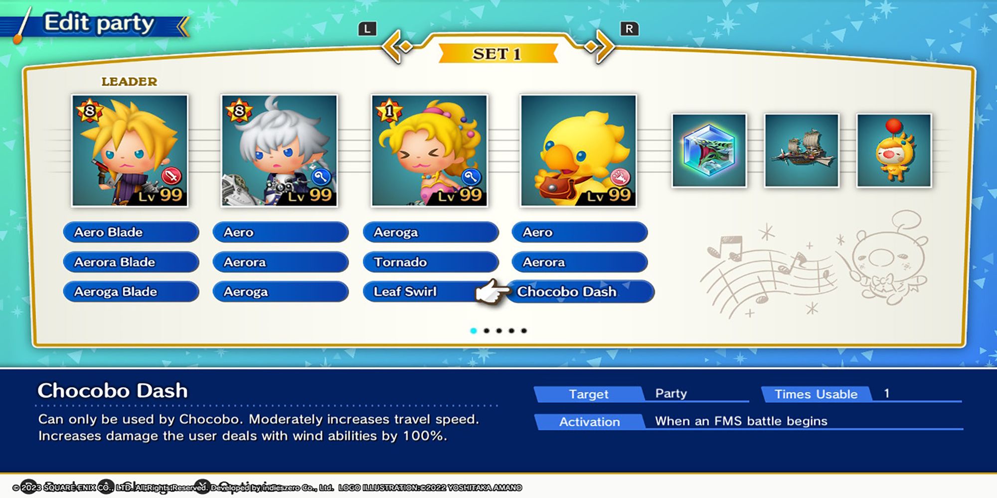 Cloud, Alphinaud, Krile, and Chocobo in a wind-focused party for Theatrhythm: Final Bar Line.