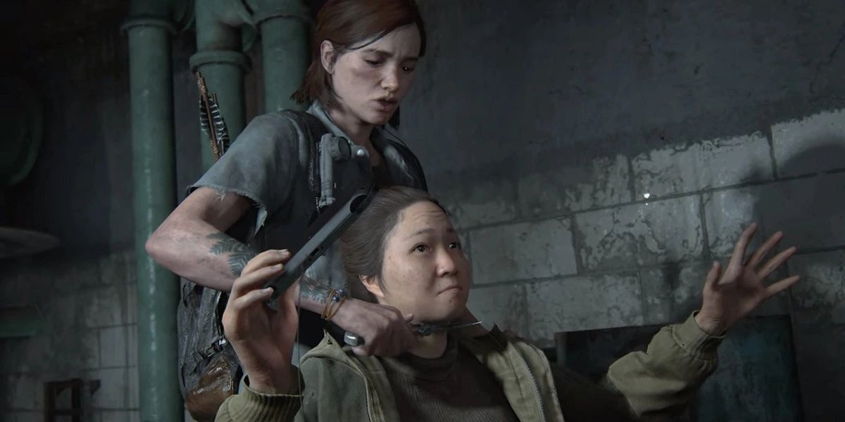 Ellie holding hostage a knife point in The Last Of Us Part II