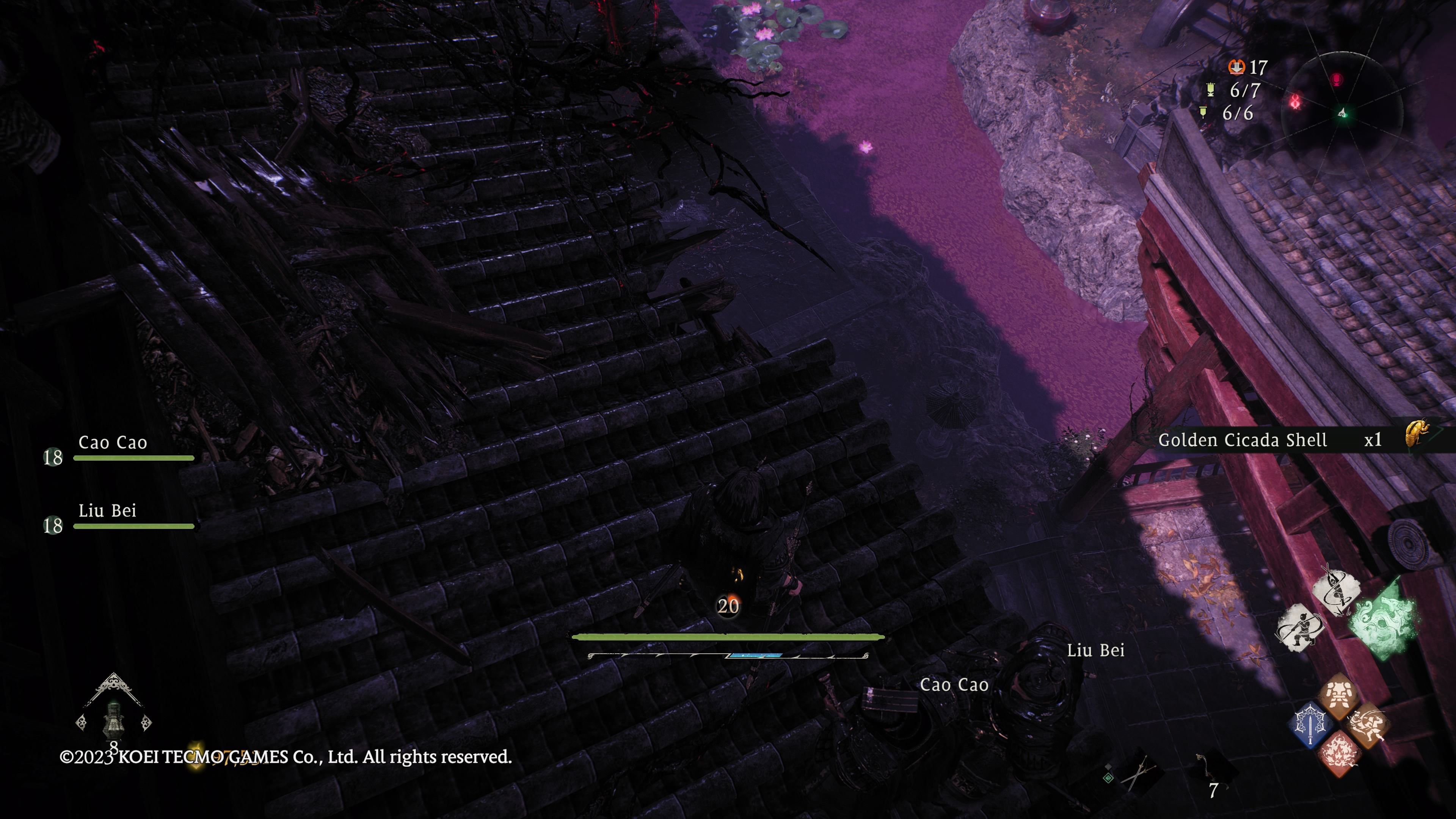 Wo Long: Fallen Dynasty - our character stands on the roof of the main boss building in the courtyard section of the mission