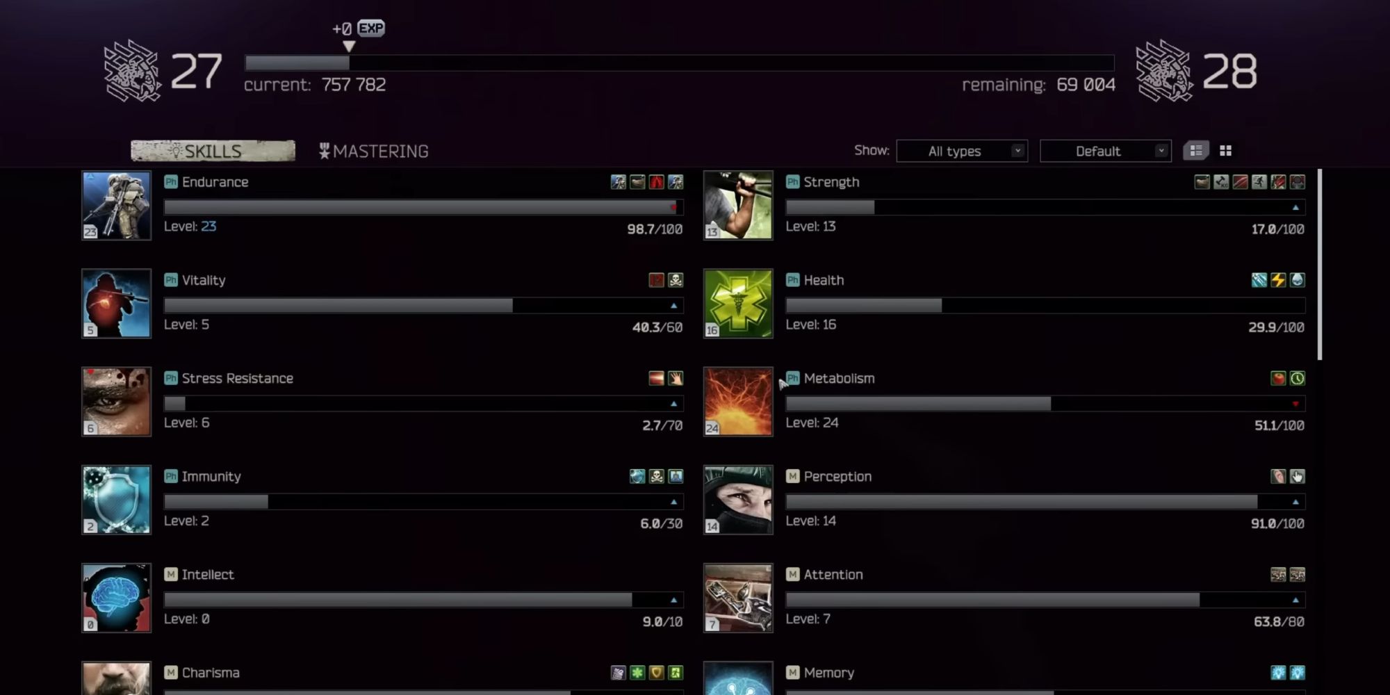 Examining your skill page in Escape from Tarkov