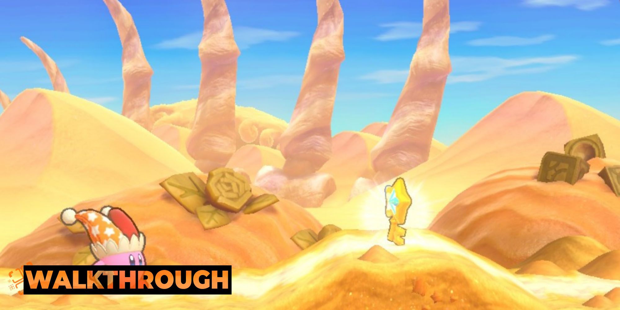 Kirby and a glowing gold key in Raisin Ruins Stage Four in Kirby's Return To Dream Land Deluxe