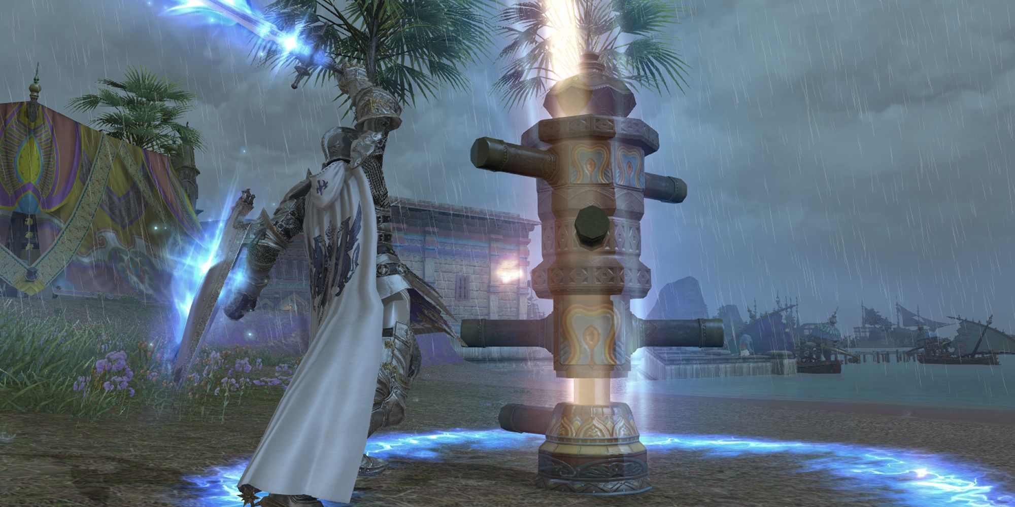 A knight from Final Fantasy 14, training for his next raid on a test dummy in the rain. In the backdrop are ships and a pier.