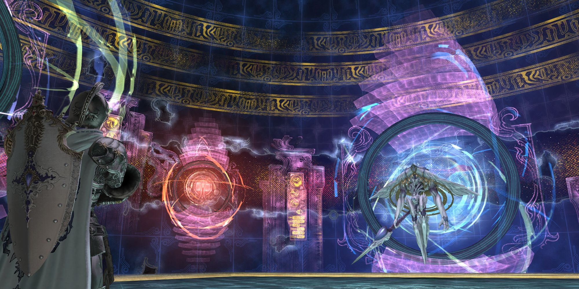 An image of a knight from Final Fantasy 14, looking rather confused at the prospect of an angelic raid boss amidst a magical, high-fantasy technological background.