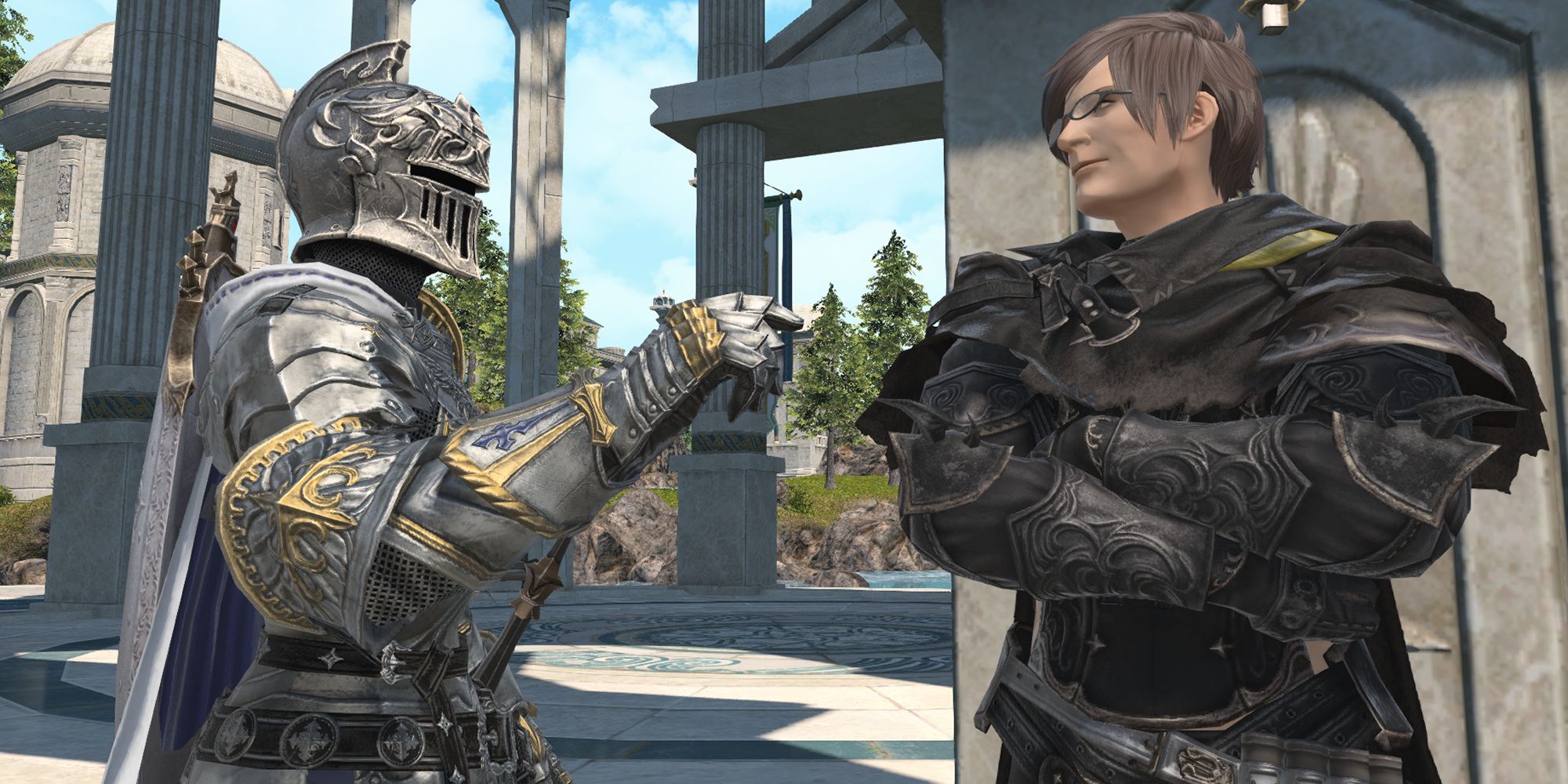 A picture of an eager knight, pestering the Wandering Minstrel, an NPC who can help unlock several of Final Fantasy 14's harder raid fights. The minstrel is a middle-aged man with glasses, garbed in reaper armour.