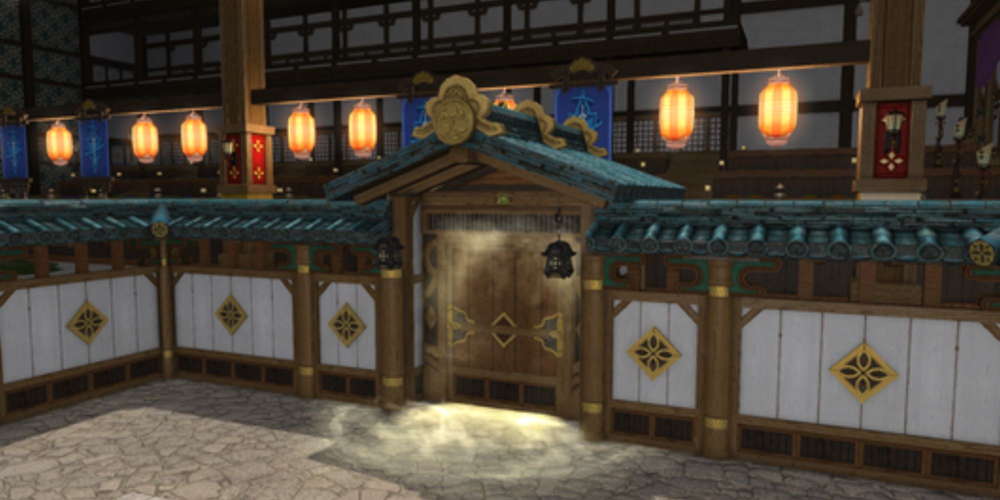 A look at the Trick Doors with a mysterious fog around them in The Clockwork Castletown PvP Map for Crystalline Conflict in Final Fantasy 14