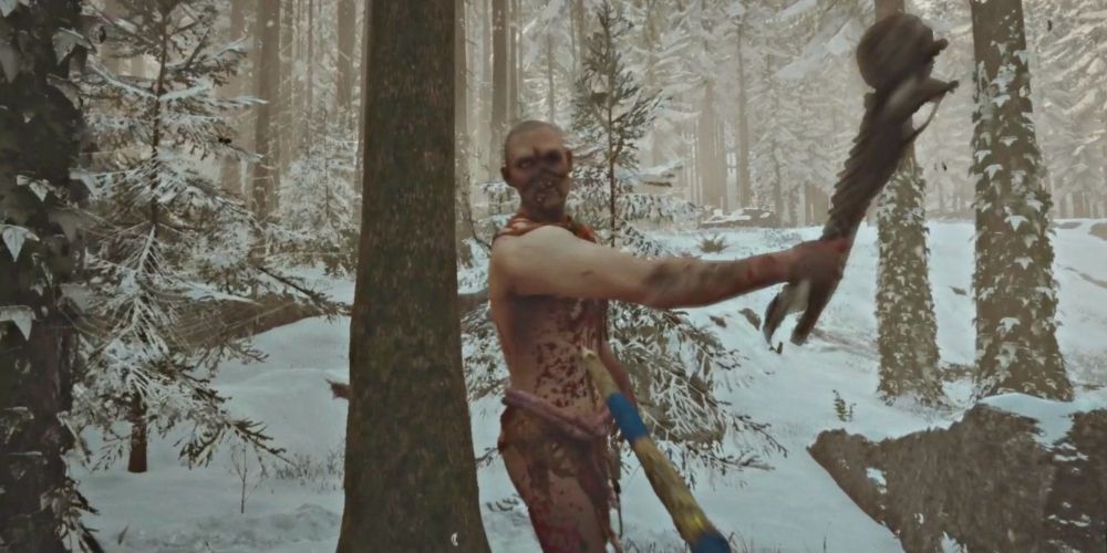 First person perspective pointing a spear at a cannibal swinging a weapon at the player in Sons of the Forest