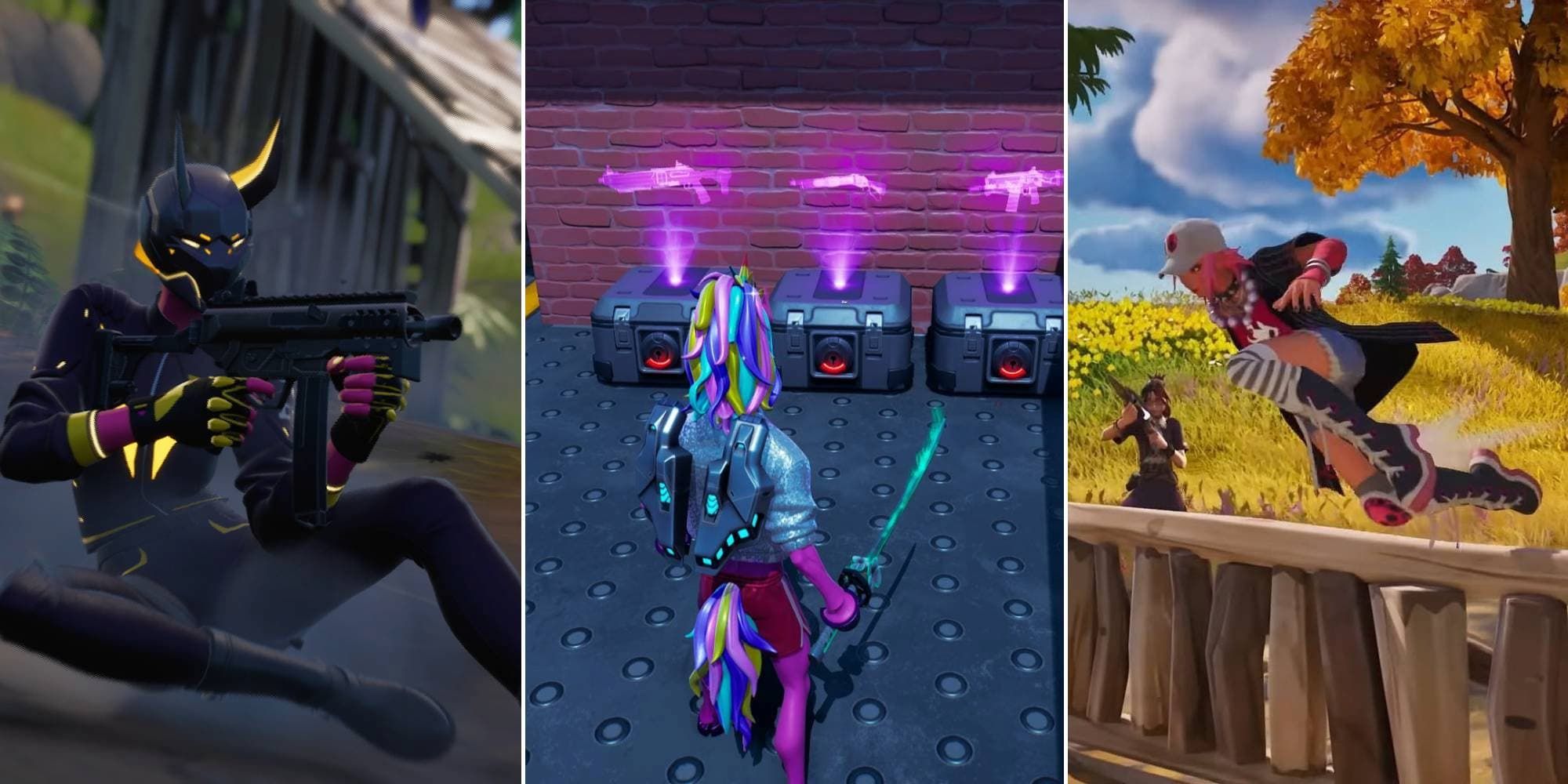 A Fortnite character slides with an SMG, one stands before three Holo-Chests, and another hurdles a small wooden wall.