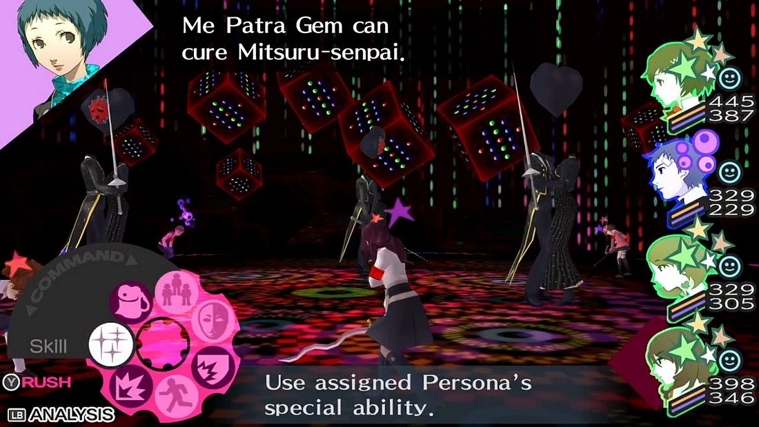 fuuka advising to use a me patra gem during the royal dancer fight while everyone on the team is inflicted with an ailment in persona 3 portable