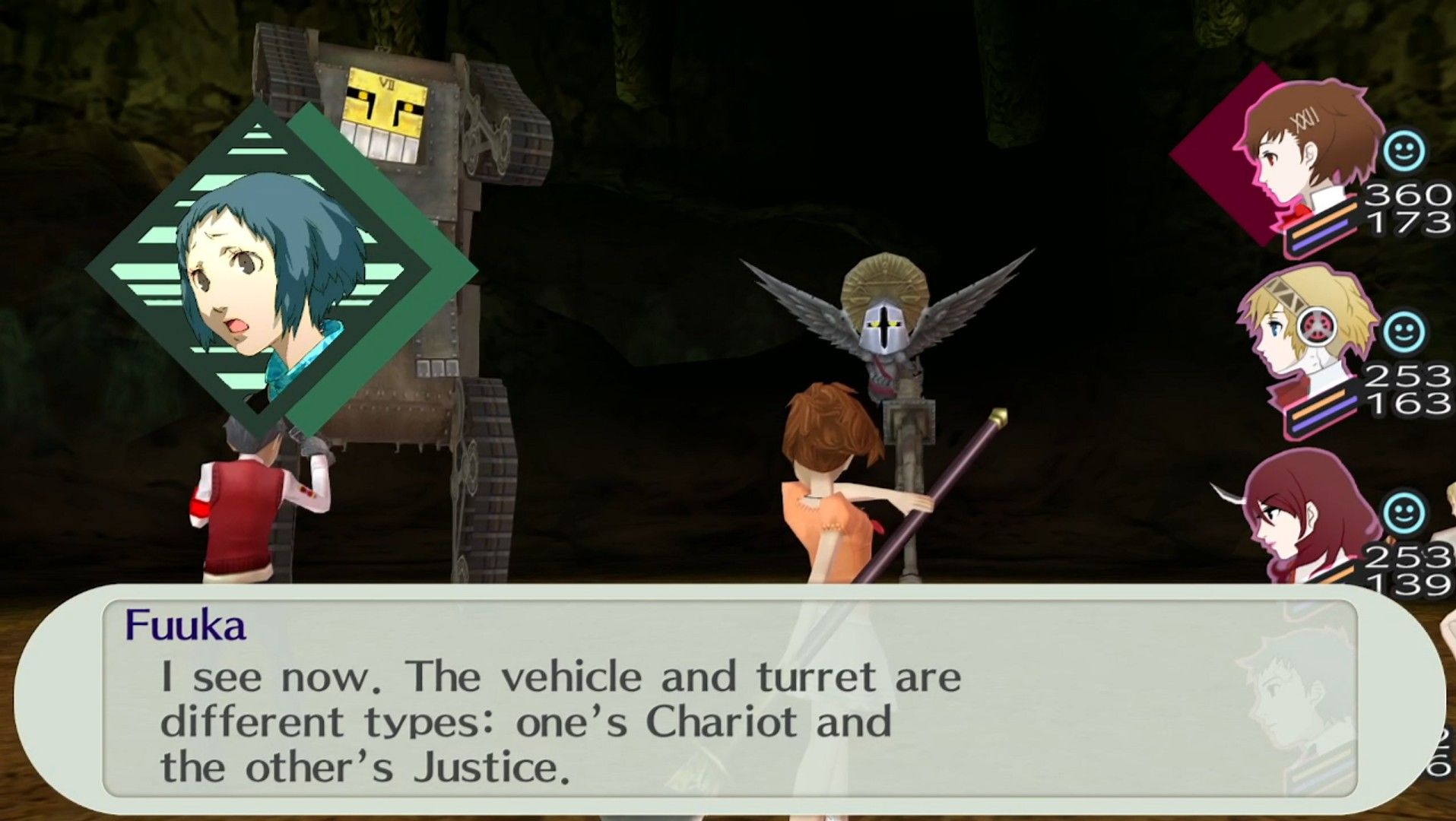 fuuka explaining that the tank shadow was two separate shadows fused into one to the female protagonist in persona 3 portable