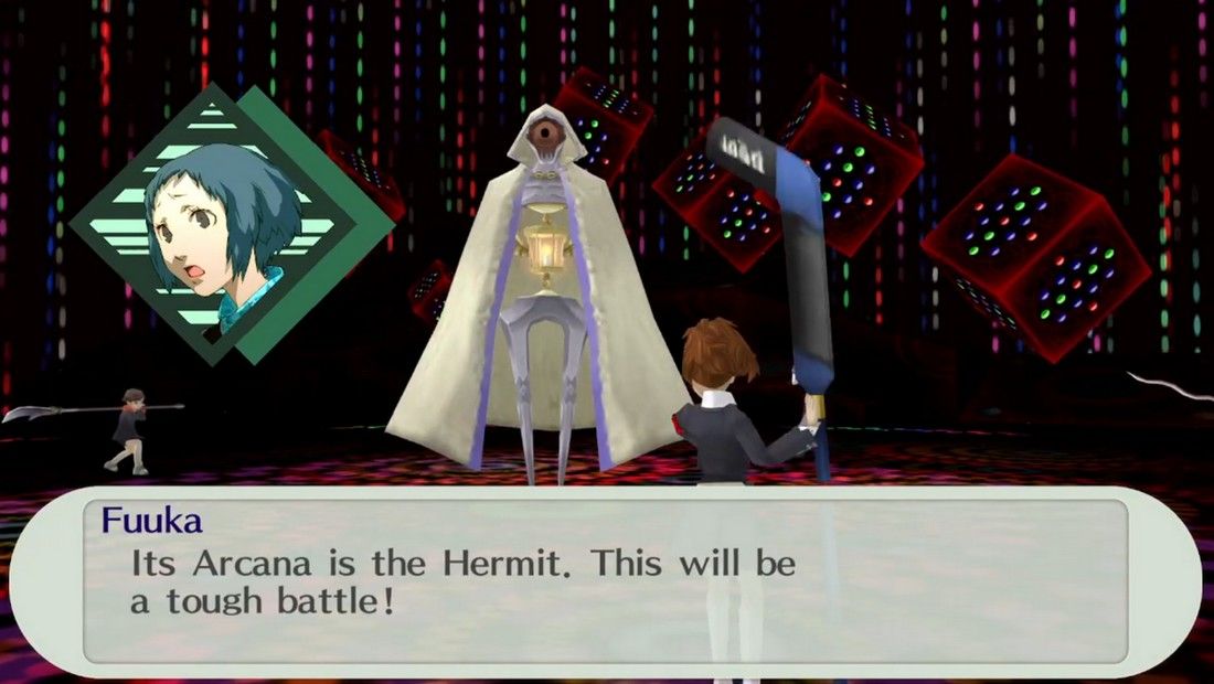 fuuka telling the female protagonist that phantom king is of the hermit arcana in persona 3 portable