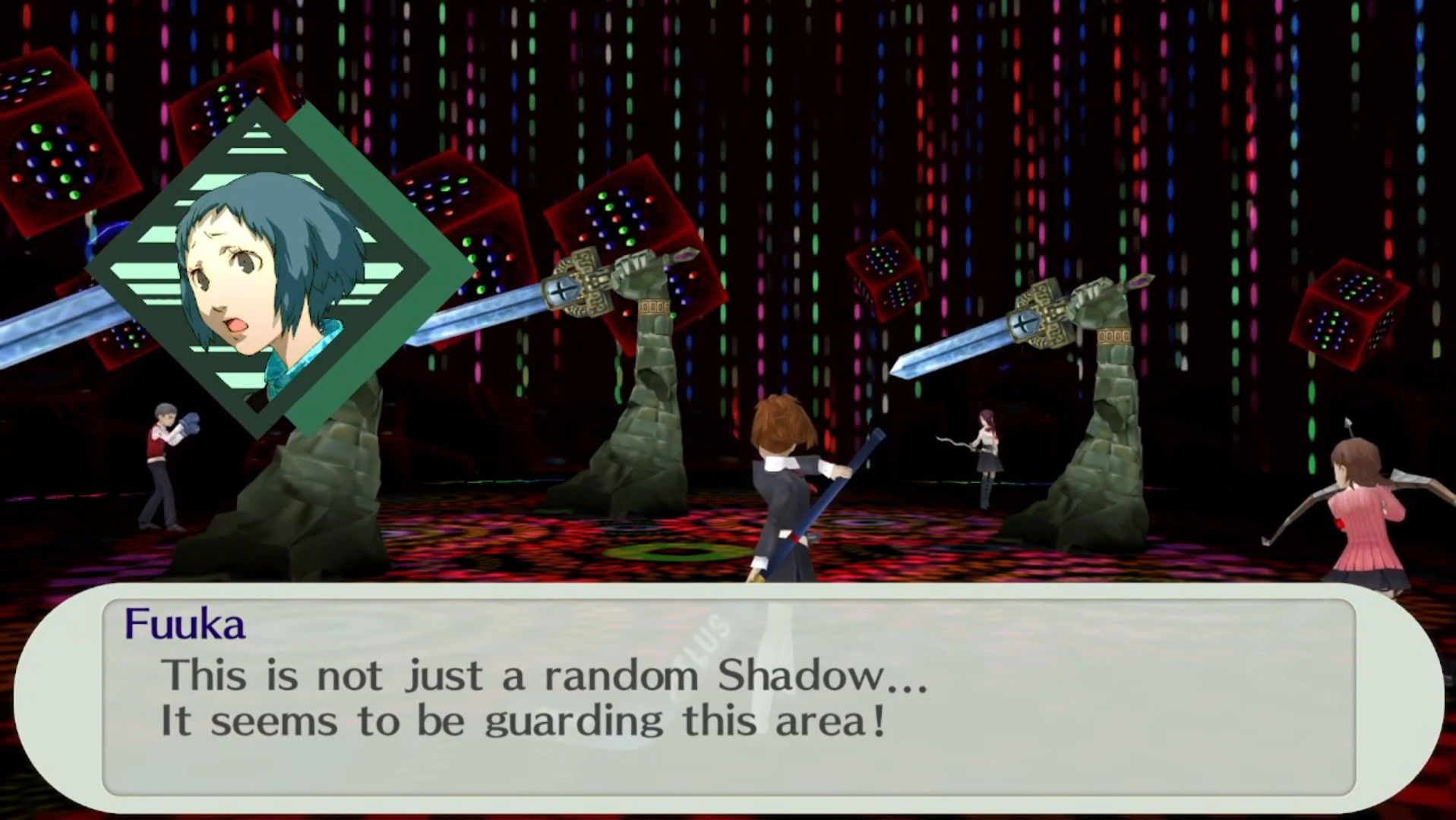 fuuka warning akhiko, female protagonist, and yukari about the guardian shadows in persona 3 portable